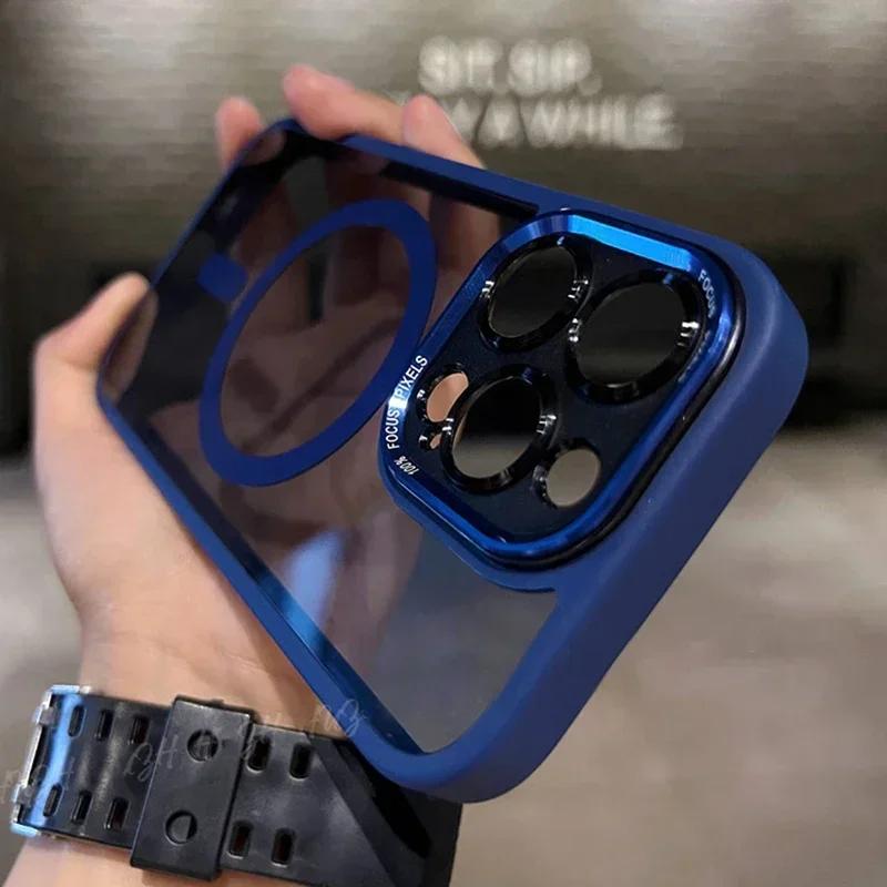 Luxury Magnetic Bumper Lens Protector Case For iPhone 16 15 14 13 12 11 Pro Max Plus Acrylic Hard Translucency Cover For Magsafe