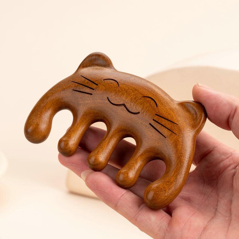 Green Sandalwood Cat Head Meridian Massage Comb - Five-Finger Round Design