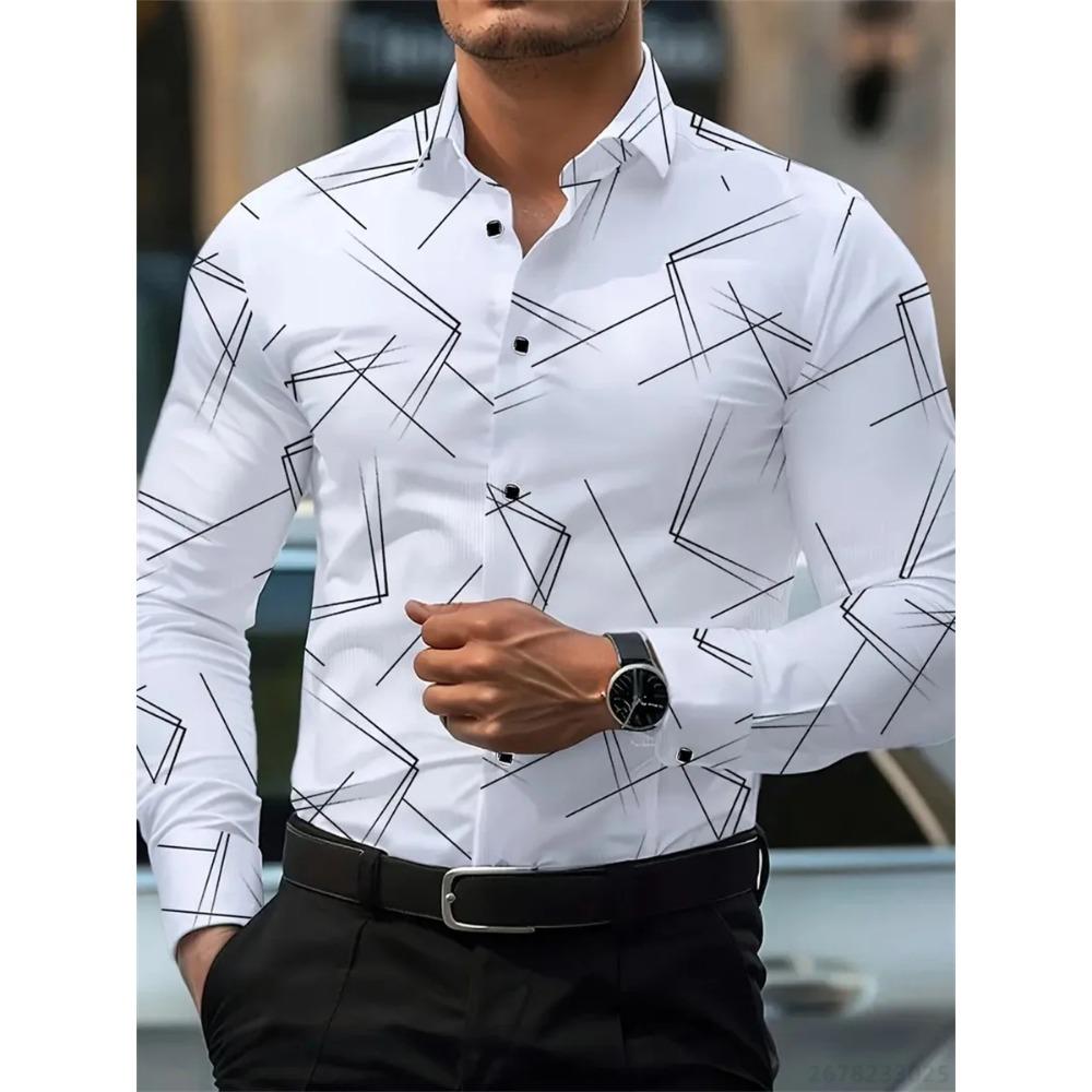 Herren Trendiges Geometrisches Linienmuster Langarmhemd Business Casual Modedesign Slim Fit Bügelfrei Vielseitiges Hemd im Ins-Stil