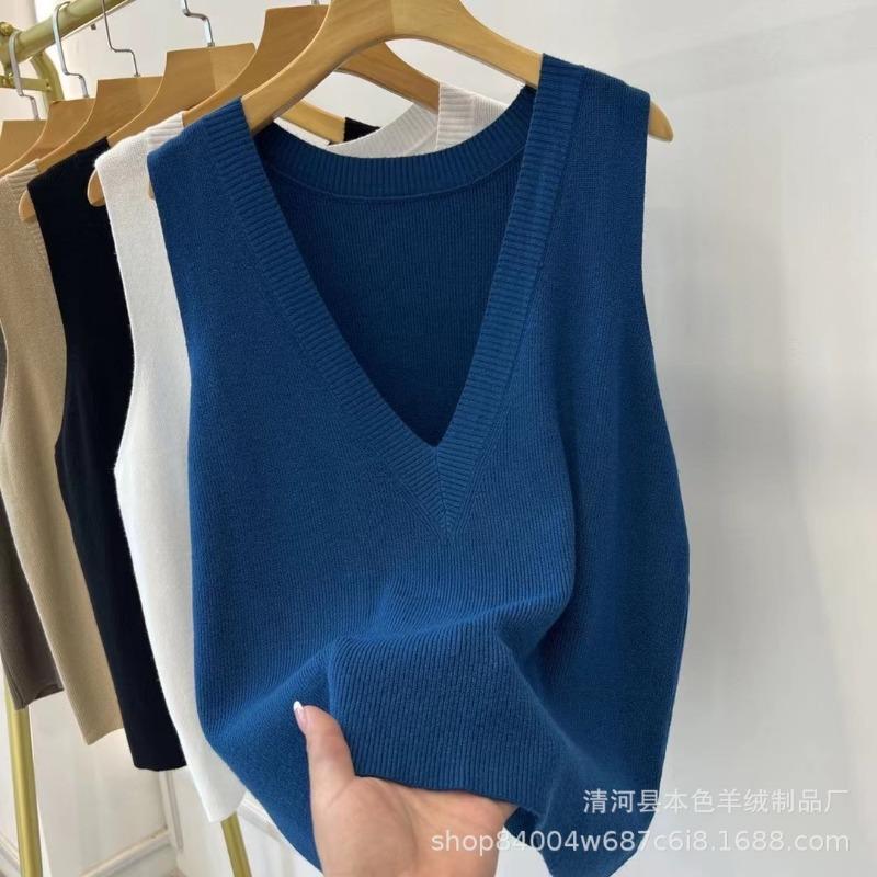 

С глубоким V-образным вырезом Сладкий вязаный жилет Однотонный Осенний Новый Женский Вязаный S синий