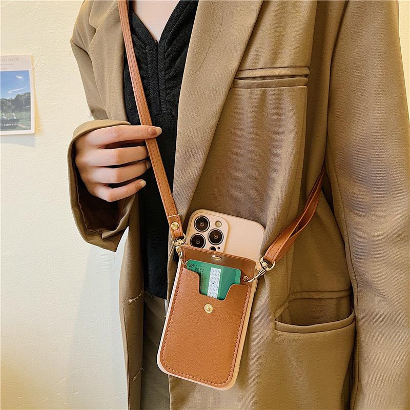 Crossbody Leather Cord Phone Case for IPhone17promax Button Coin Purse Card Holder for Apple 16 Precision Hole Silicone