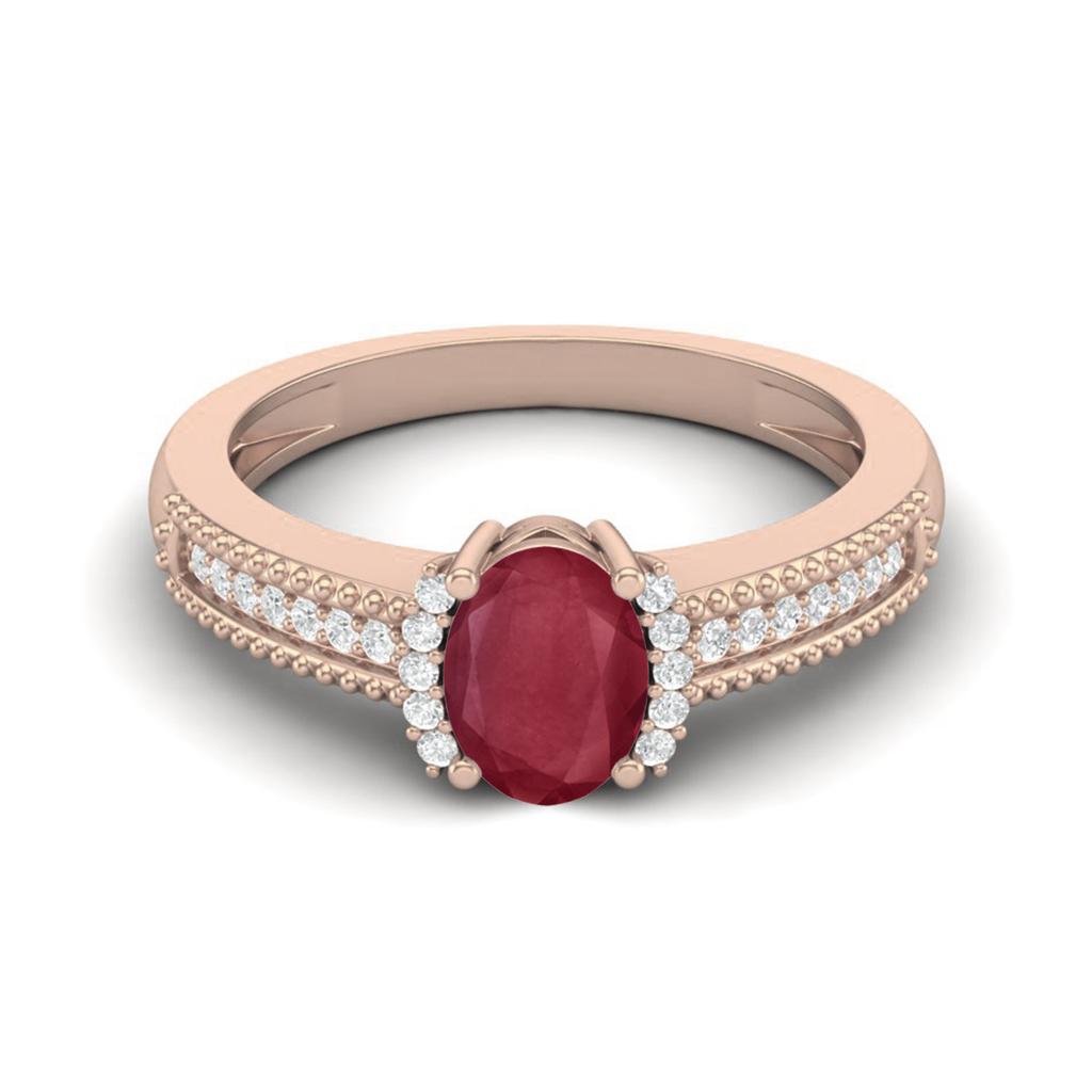 7X5MM Oval Ruby 925 Sterling Silver Rose Vermeil Halo Accent Engagement Wedding Women Ring