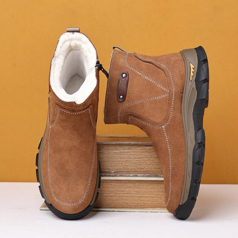 Winter Men's Cotton Shoes Leather Cowhide Snow Boots Velvet Warm Wool Men's Outdoor Men's Boots Light Boots Soft
