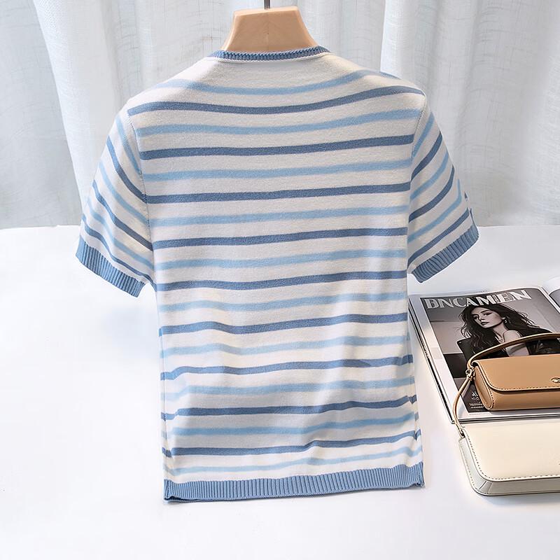 Damen Kurzarm Strick-T-Shirt mit Farbblock-Streifen