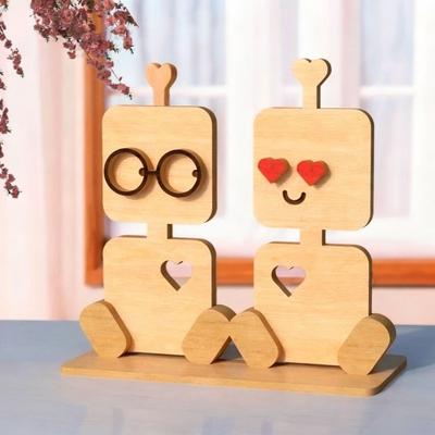 Valentinstag Holzmann Ornament Handgefertigt Bauernhaus Rustikal Paar Roboter Figur Tischschild Heim Büro Schreibtisch Dekoration