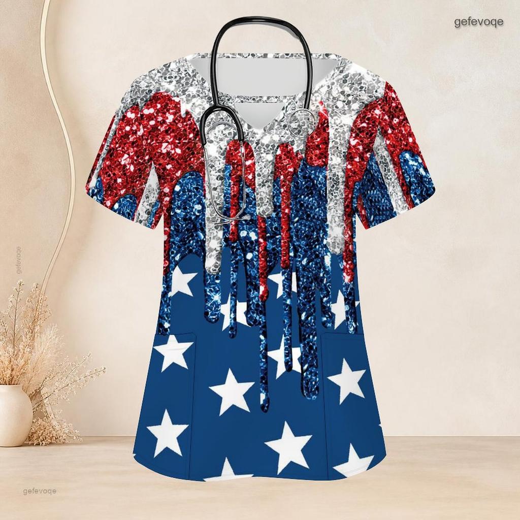 Women Plus Size Keyhole Neck Short Sleeve Printed Scrub Top With Front Pockets Black Gradient