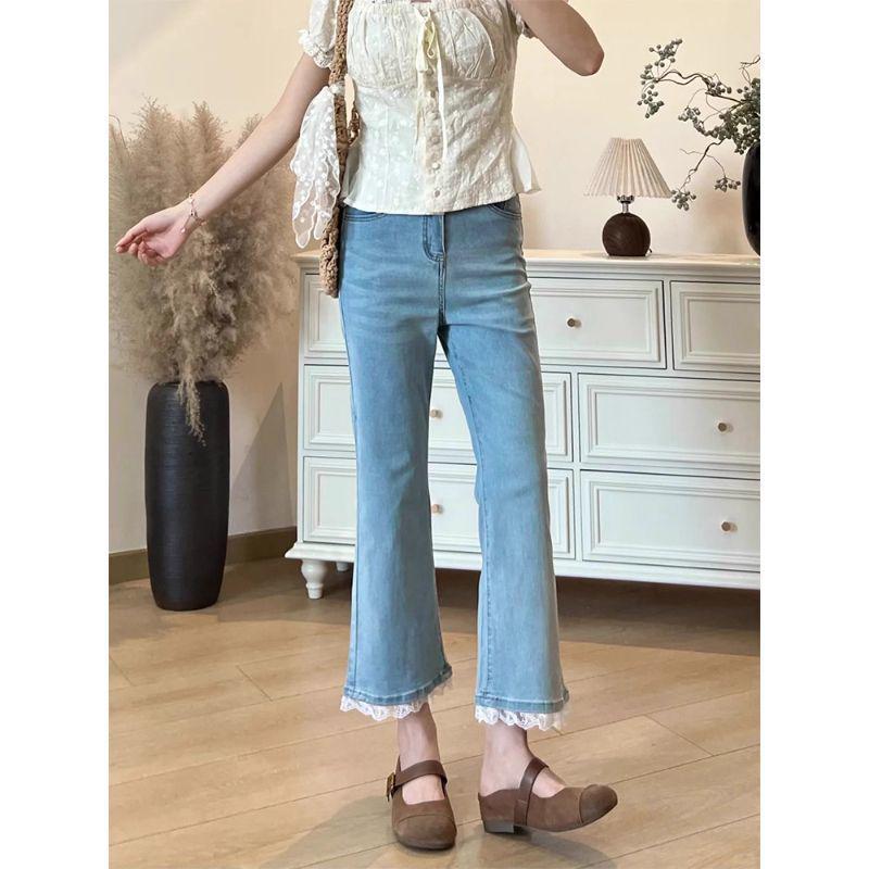 Damen Jeans mit Spitze, Petite Micro-Flare, Frühling/Herbst Stil, Große Größen, Schlankmachend, Neun-Punkt-Länge.