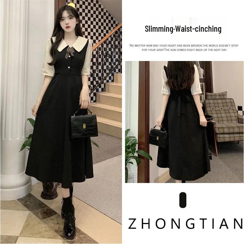 Robe ajustée grande taille style rétro français à col poupée avec jupe patchwork