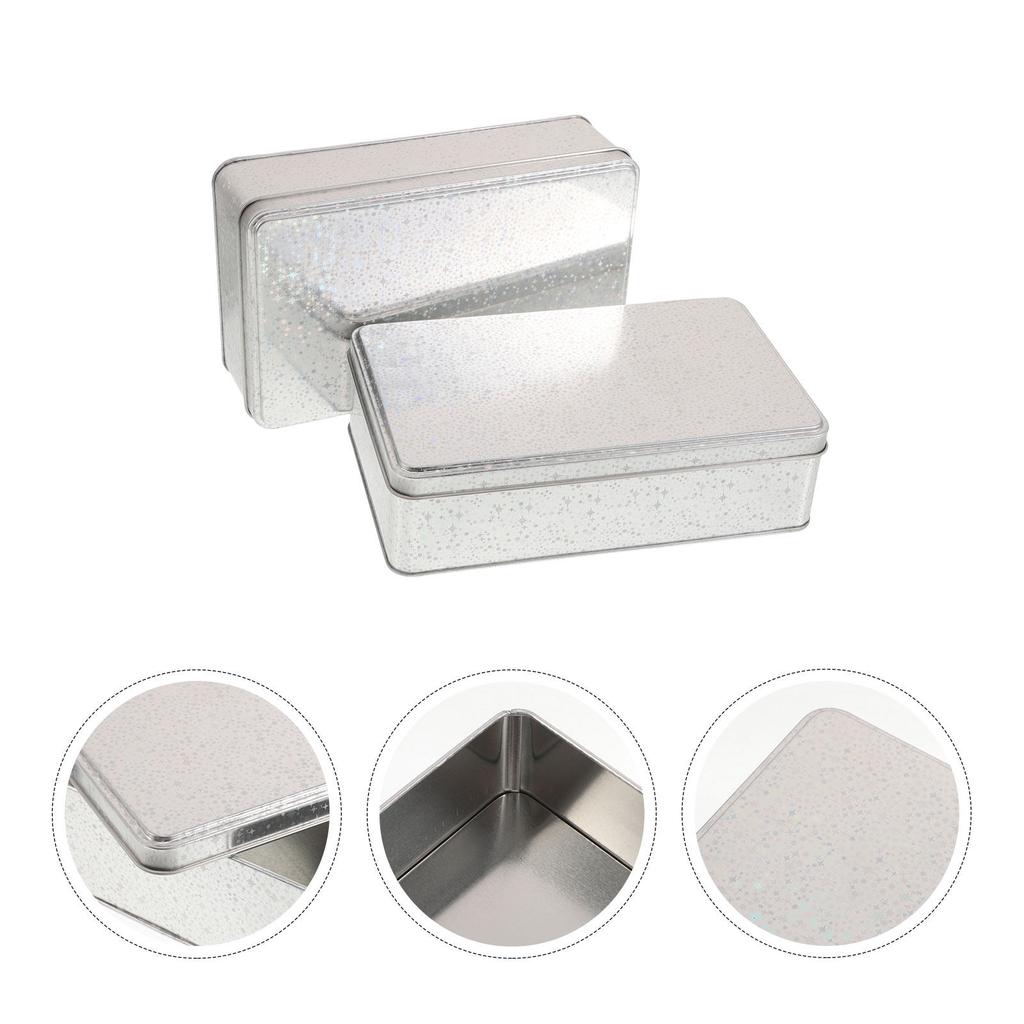 2Pcs Rectangular Metal Tin Box with Lid Silver Tinplate Storage Container for Cookies Snacks Candy Jewelry Cake Wedding Party
