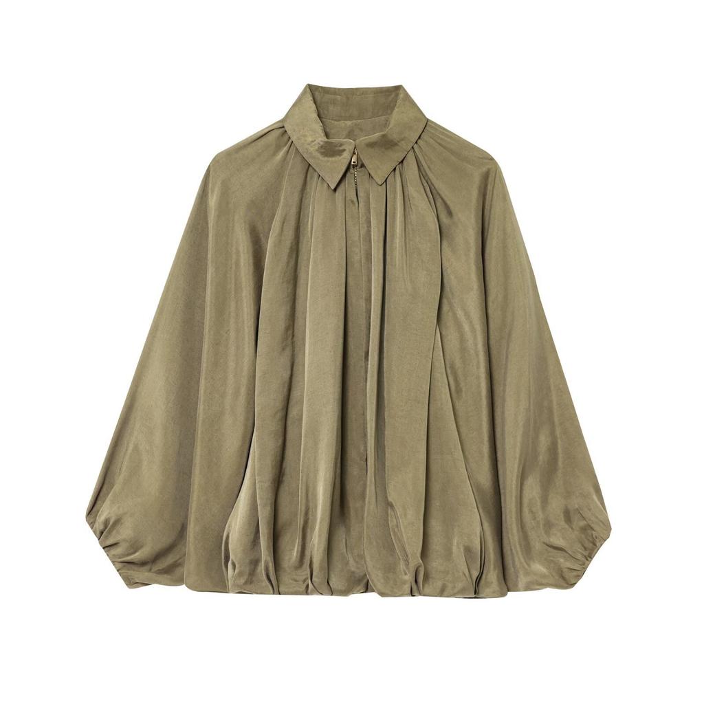 Women's Jacket Oversized Streetwear Casual Sleeve Lapel Collar Zip Front Pleated Shirts