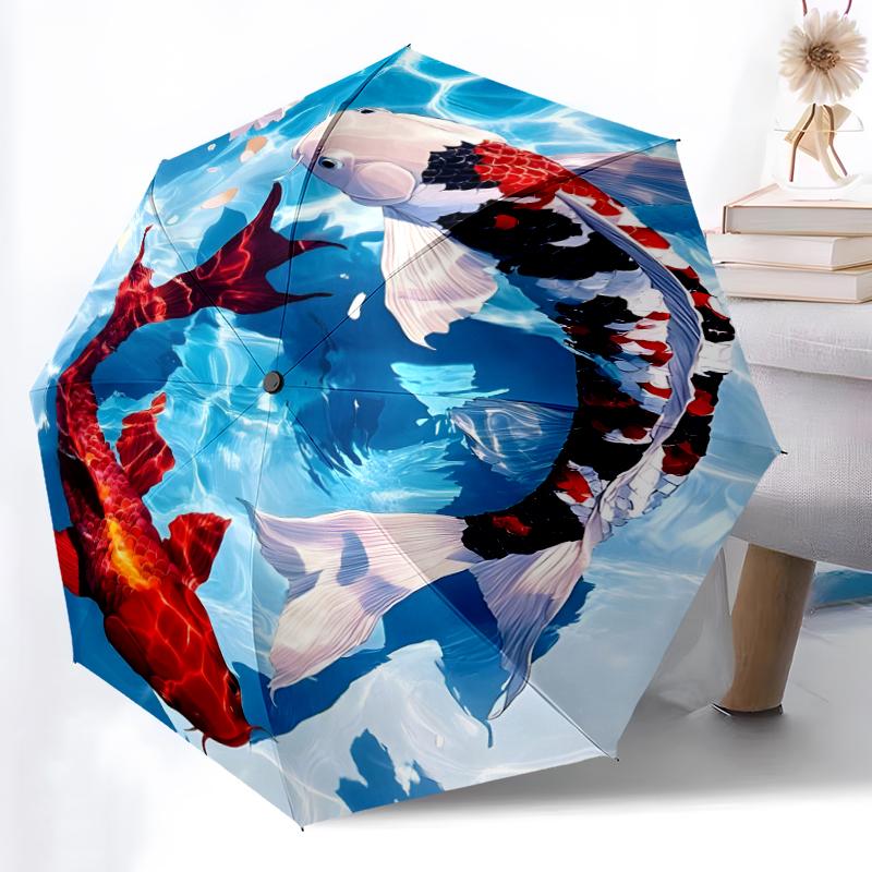 1pc Sturdy 8-Bone Auto Umbrella, Koi Fish 1 Umbrella, Digital Printed, Foldable Umbrella for On-the-Go Outdoor Use