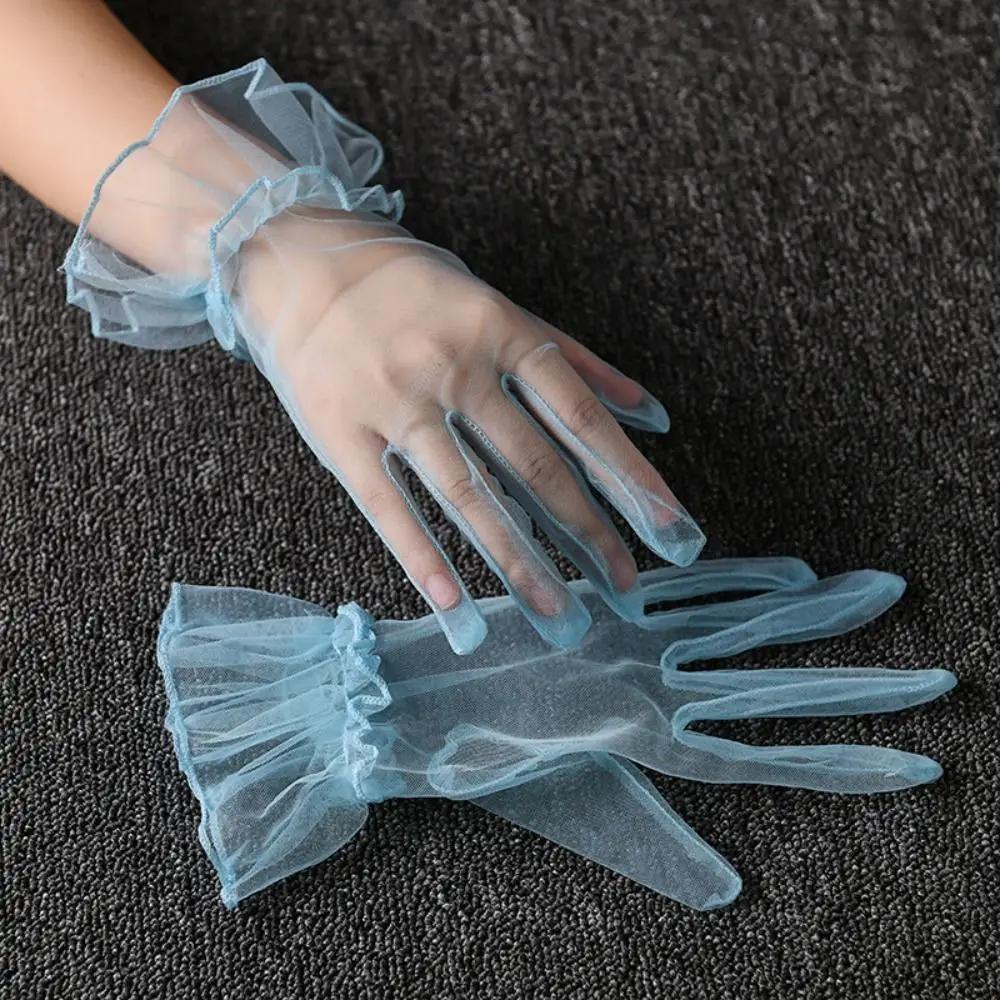 Elegant Full Finger Bridal Wedding Women Mesh Gloves Elastic Transparent Women Tulle Gloves Ultra Thin Short Gauze Lace Gloves