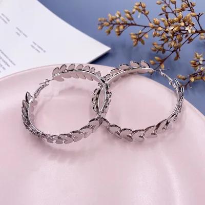 Simple Metallic Leaves Large Round Circle Hoop Earrings for Women Silver Plated Alloy Statement Fashion Party Jewelry