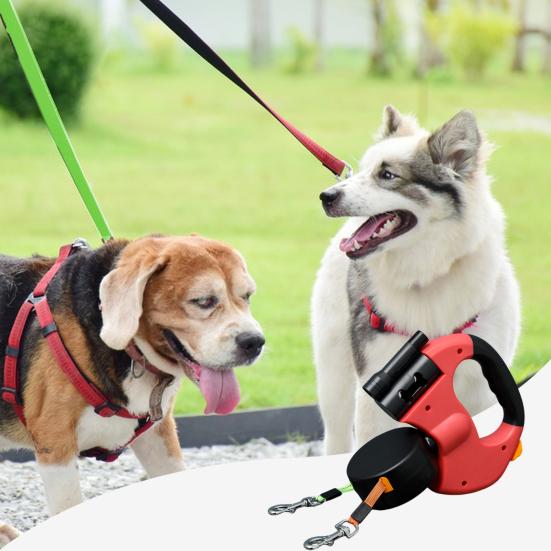 Dual Retractable Dog Leash Double Headed 16ft Extendable Lead with Poop Bag Dispenser And LED Light for 2 Small Dogs Up To 5kg