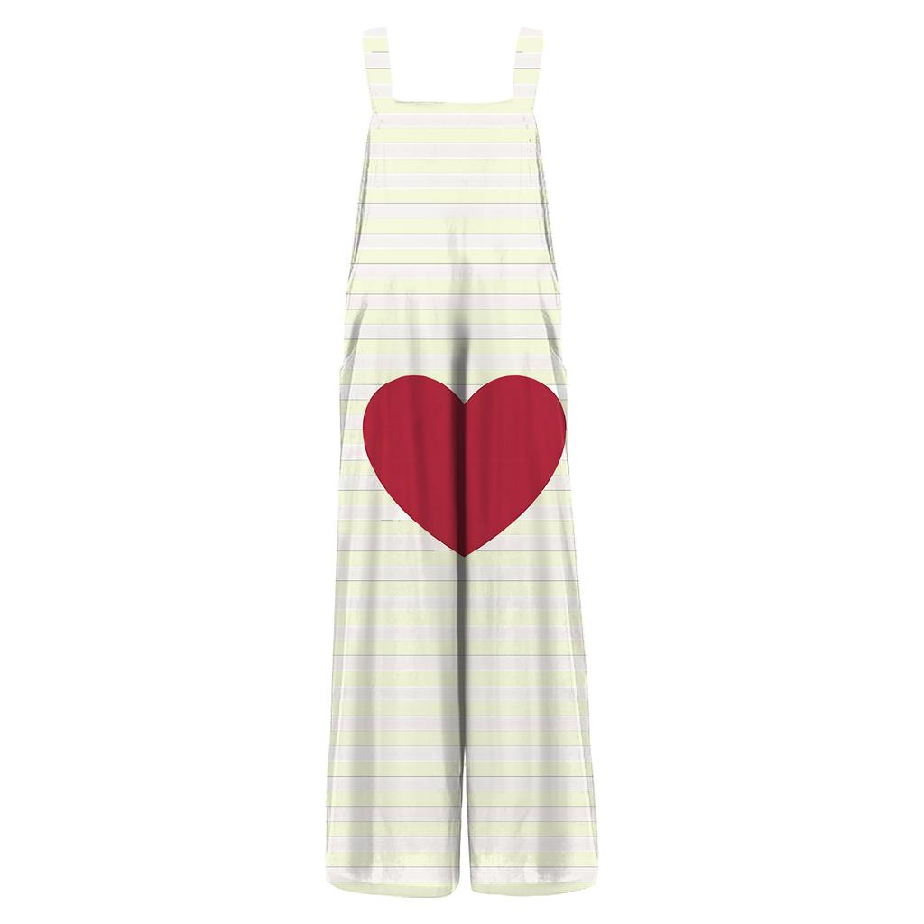 Damen Valentinstag Bedruckte Lässige Lockere Retro Baumwollleinen Latzhose mit Taschen