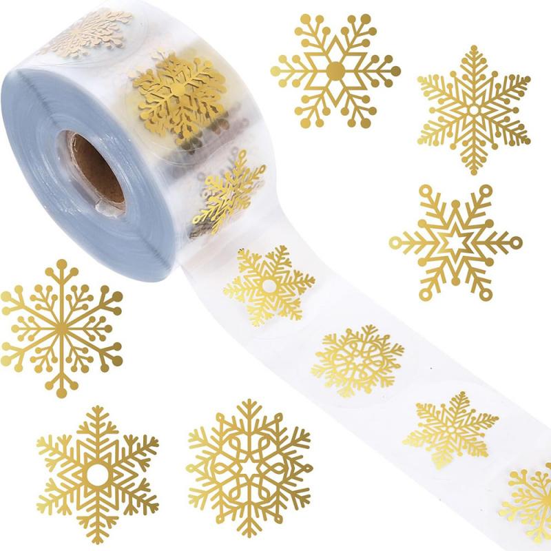 1 roll of Christmas gold snowflake sticker, transparent circular gold printed snowflake sticker, suitable for Christmas and winter envelope stickers