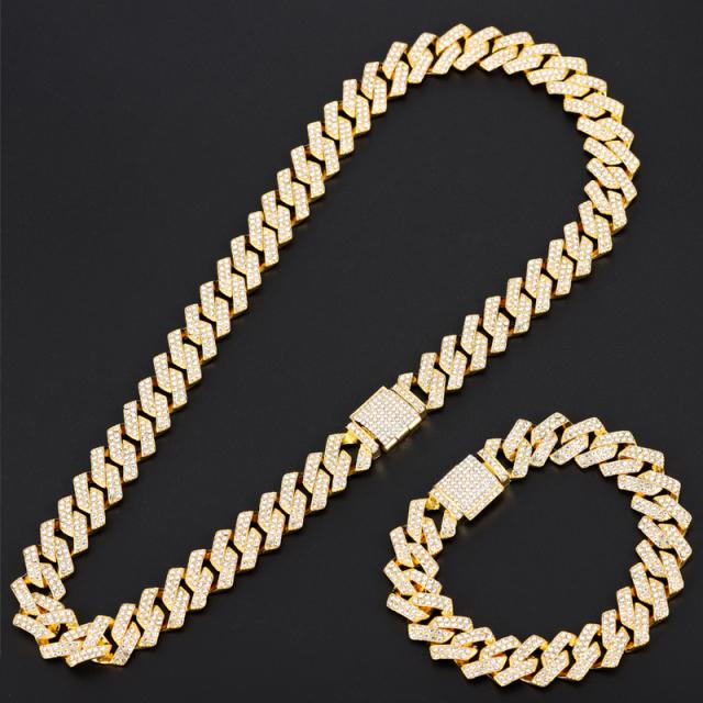 A Set Hip Hop Miami Curb Cuban Chain Necklace Golden Iced Out Chain Rhinestones CZ Rapper Link Silver Color Necklace Men Jewelry