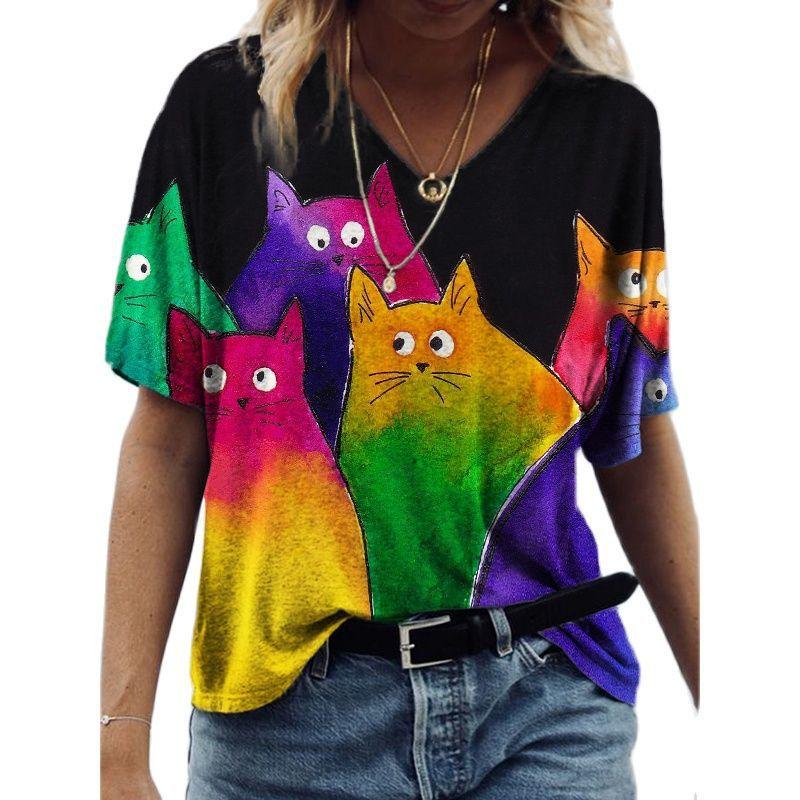 Kawaii Cute 3D Printed Cat Women's T-shirt Women's Clothing Short Sleeve V-neck Summer T-shirt