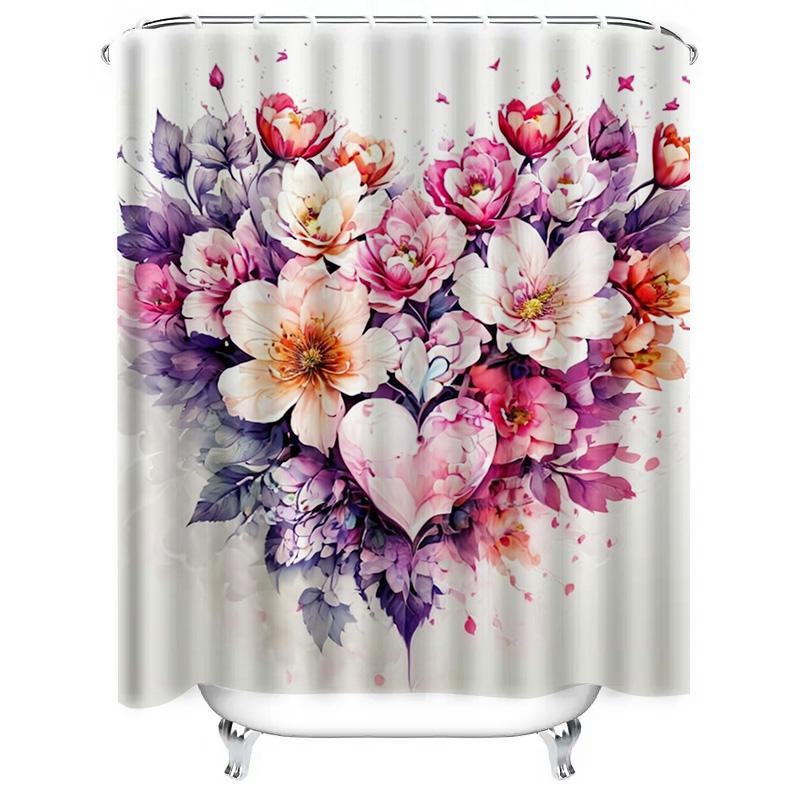 Watercolor Floral And Heart Print Shower Curtain For Bathroom Decoration