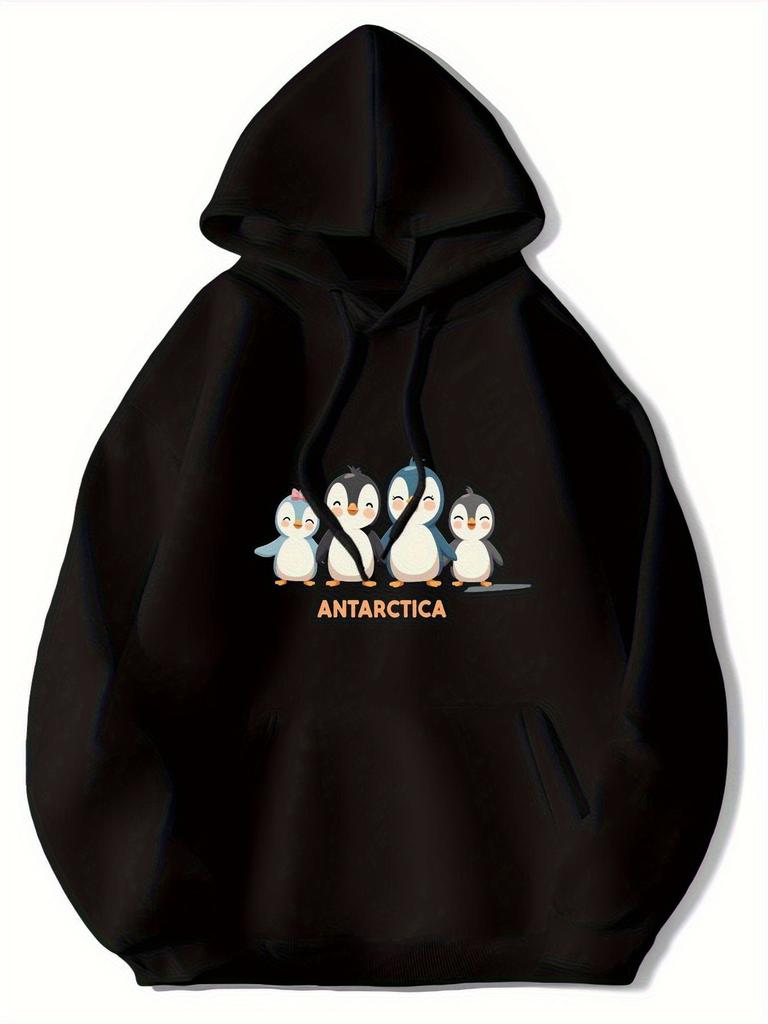 Men's hooded pullover in a cute black color with a colorful penguin graphic, long sleeve casual hoodie for a relaxed look