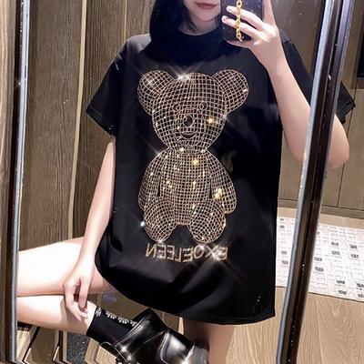 Women Shiny Gold Diamond Bear Printed Short Sleeve Hip Hop Loose Casual T-shirt