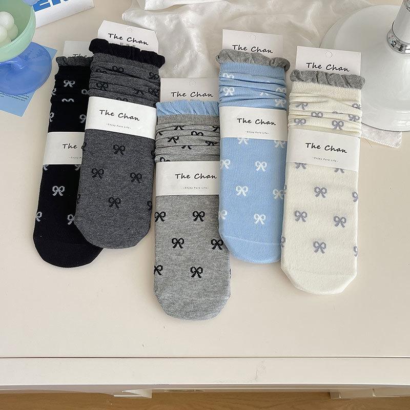 Female Autumn New Style Match Color Bow Bubble Mouth Lace In The Tube Stack Socks