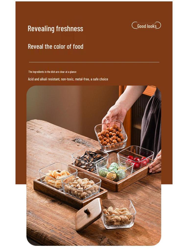 Compartmented Walnut Wood and Glass Snack Tray