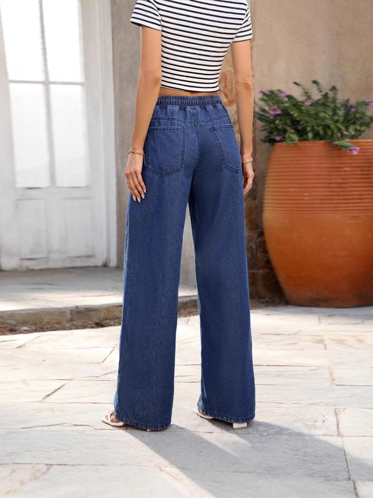 Damskie jeansy z wysokim stanem, luźne, szerokie nogawki, rozciągliwe, ze sznurkiem do ściągania