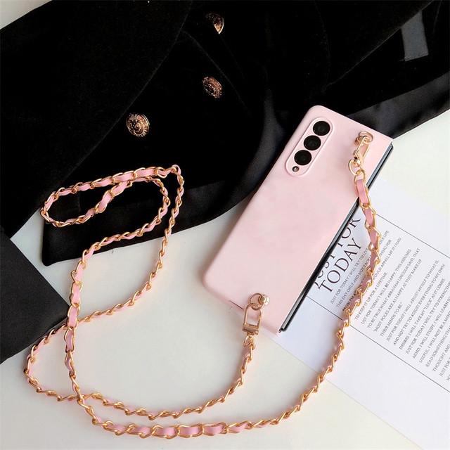 Corea Tracolla Lunga Catena Dorata Collana Custodia per Telefono Per Samsung Galaxy Z Fold 4 Z Fold 3 Z Fold 2 5g Donna Copertura Rigida in PC