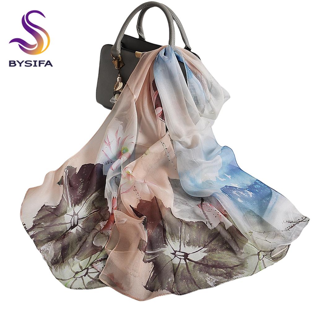 [BYSIFA] Women Chiffon Pure Silk Scarf Cherry Blossom Floral Design Long 100% Silk Shawl Scarf Purple Pink Silk Scarves Echarpes