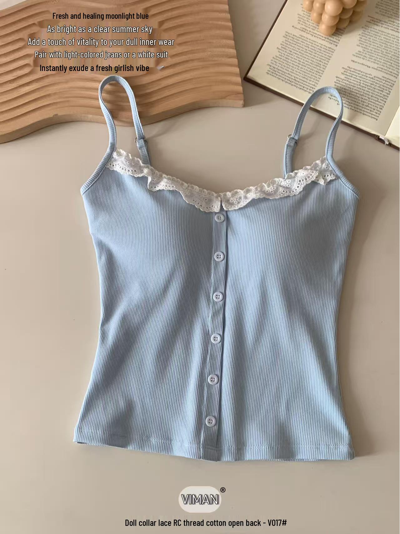 

Sweet Lace Hem Button Vest with Breathable Cups & Slimming Camisole Top One Size синій
