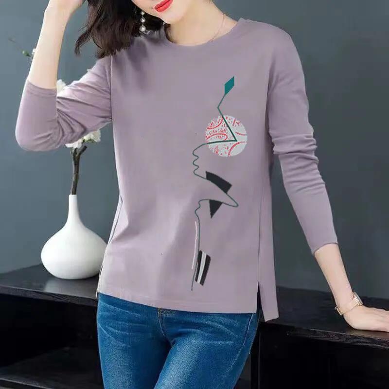 

Весенние женские футболки, простые пуловеры с принтом лица, рубашки с длинными рукавами, повседневный топ с разрезом M фиолетовый