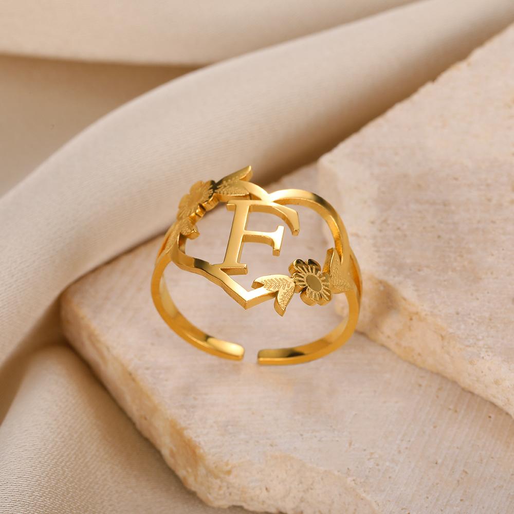 Stainless Steel Initials Flower Heart Rings Gold Color Adjustable Delicate Letter Leaf Rings For Women Girl Alphabet Jewelry KTJ