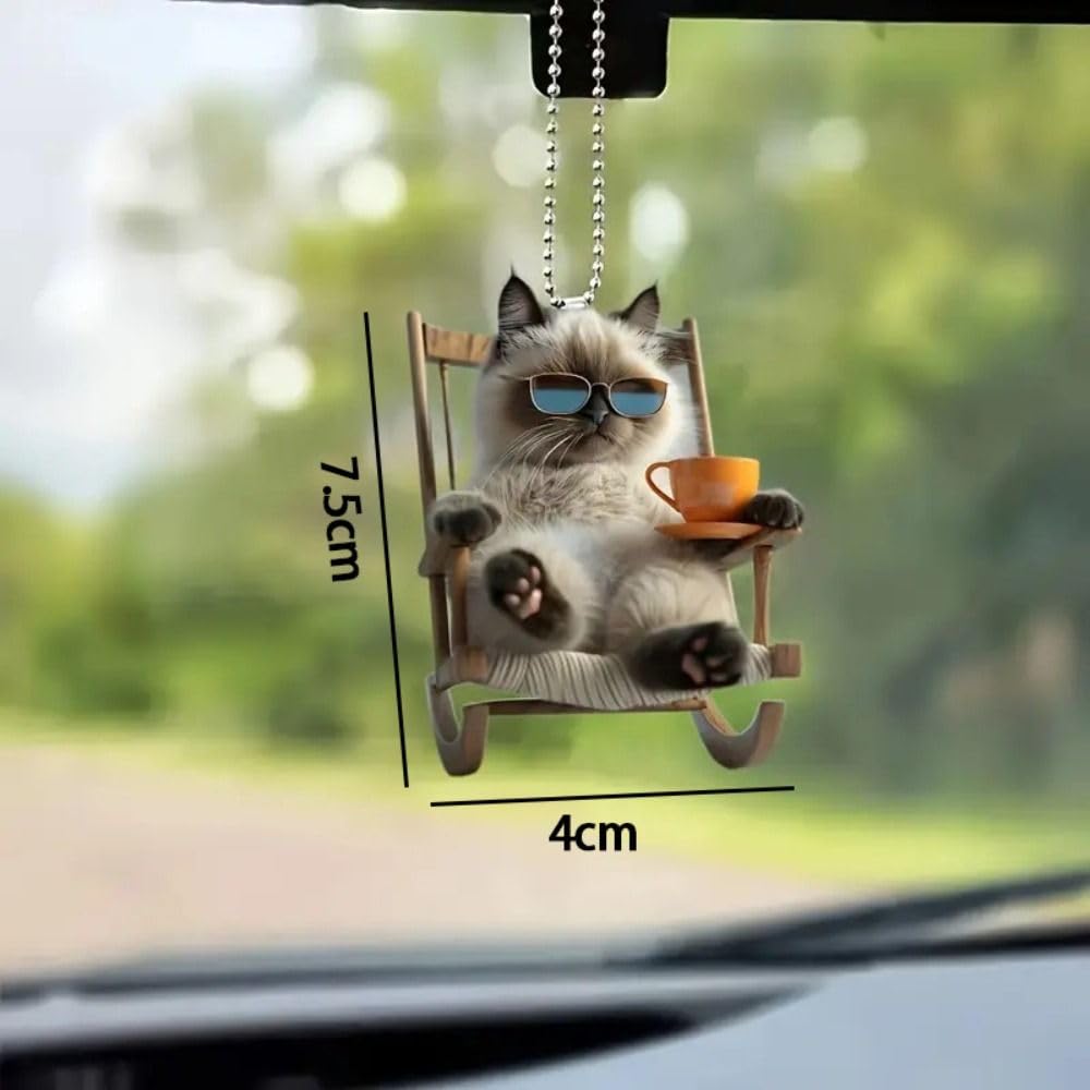 Cute Cat Rearview Mirror Decoration Creative Acrylic 2D Animal Hanging Ornament Pendant Car Interior Decoration Bag Pendant