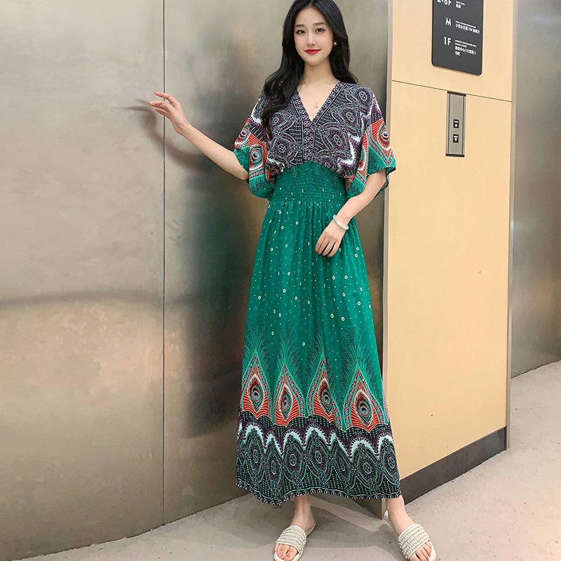 Ethnic Style V-neck Cotton and Silk Short-sleeved French Thai Style Dress for Women's Summer Printing Pastoral Style Skirt for Vacation Wear