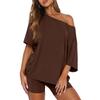Casual Loose Fit Two Piece Set Women Short Sleeve Off Shoulder Top with Relaxed Shorts Lounge Wear Outfit