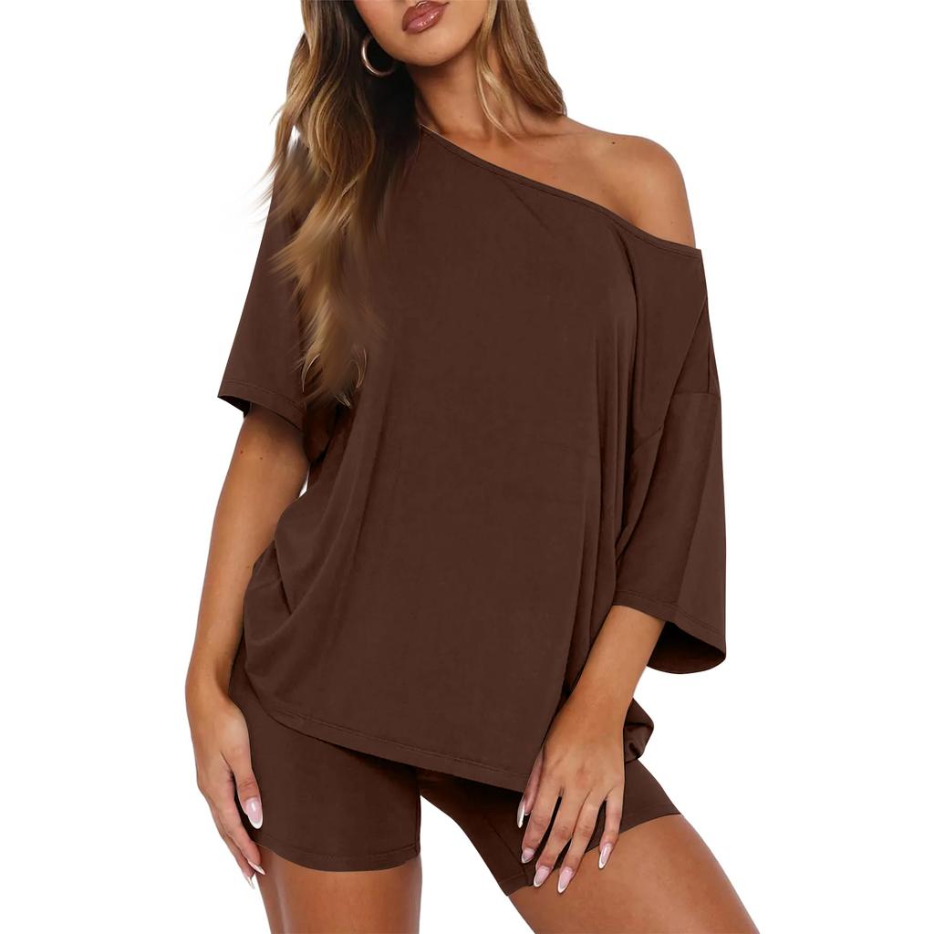 Casual Loose Fit Two Piece Set Women Short Sleeve Off Shoulder Top with Relaxed Shorts Lounge Wear Outfit