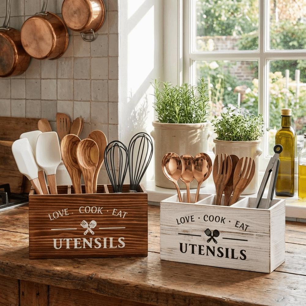 Wooden Spoon Fork Storage Box Large Capacity Space Saving Tableware Storage Rack Decorative with 3 Compartments