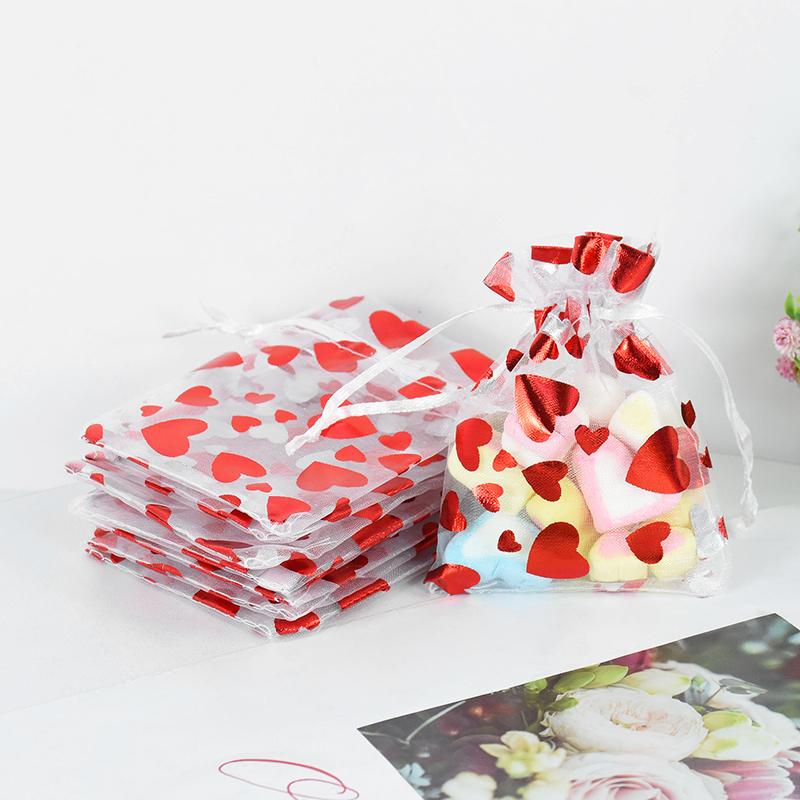 20pcs Red Love Heart Organza Bags Wedding Party Gift Candy Drawstring Bag Christmas Valentines Day Jewellery Pouches Display