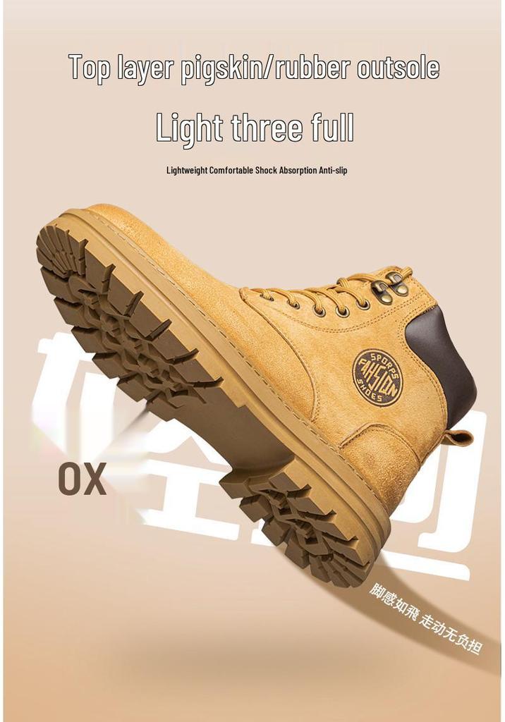 Men's Large Size Winter Genuine Leather Martin Boots, Thick Sole, High-Top, Outdoor, Plus Velvet, Yellow Work Boots.