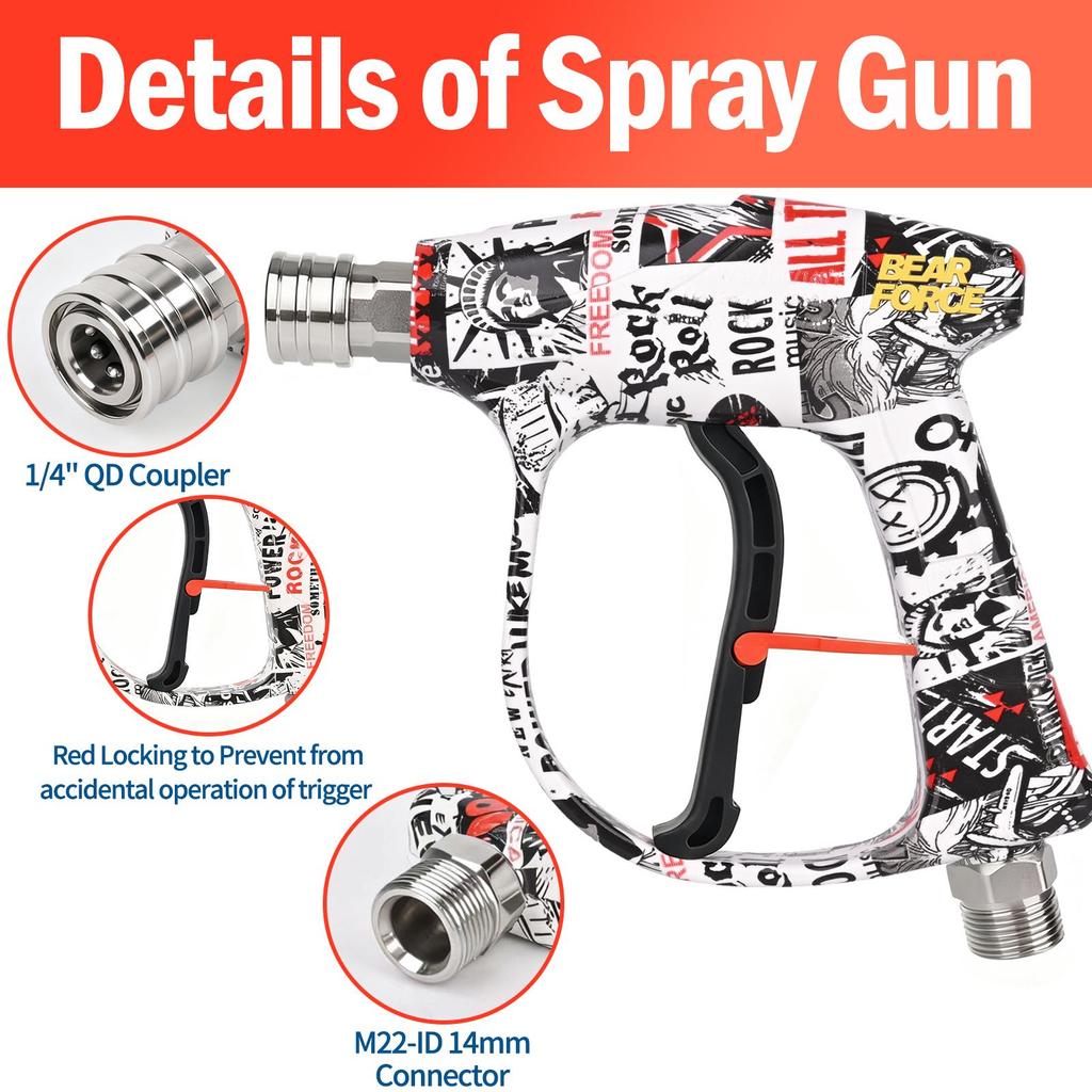 BEAR FORCE High Pressure Washer Gun 210Bar/ 3000 PSI Max, Power Washer Color Painted Short Spray Gun Inlet M22-ID14mm with 1/4" Quick Connector