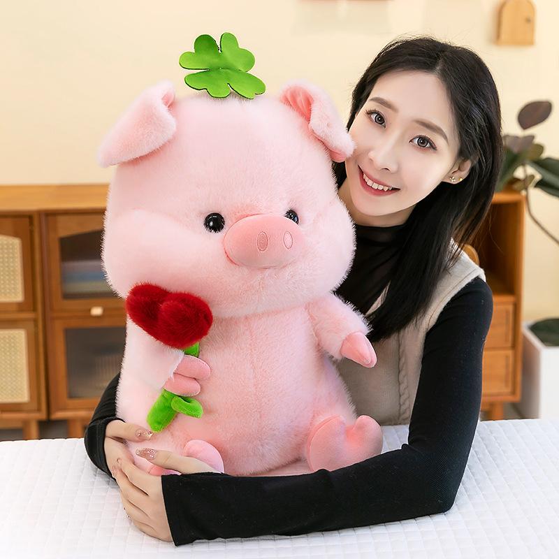 New flower holding pig plush doll cute children's accompanying doll office ornament small pink pig cloth doll