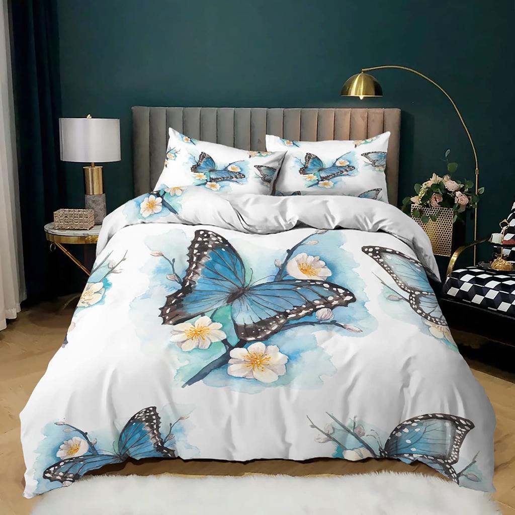 Bettbezug-Set mit Schmetterlingen, Kingsize, blau-lila Schmetterlinge, bedruckt, Bettbezug-Set für Mädchen und Kinder, Bettbezug und Kissenbezüge