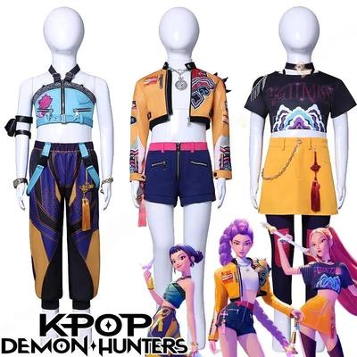 Kinder Kpop Dämon Rumi Zoey Mira Cosplay Huntrix Hunters Kostüm für Mädchen Kleidung Gruppenidol Rollenspiel Halloween Karneval Anzug