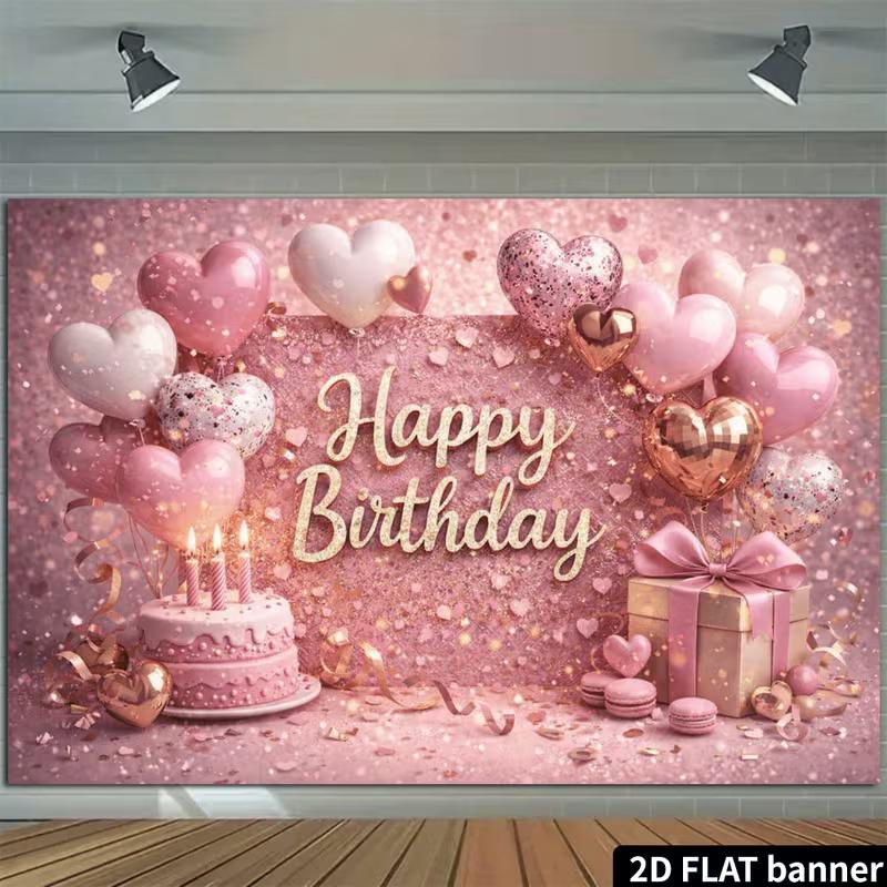 2D Shiny Pink Glitter Happy Birthday Backdrop Banner Party Decoration for Girls