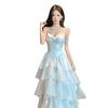 French Light Luxury Beautiful Blue Suspender Dress Femininity Waist Ruffle Edge Evening Dress Long Dress Princess Skirt