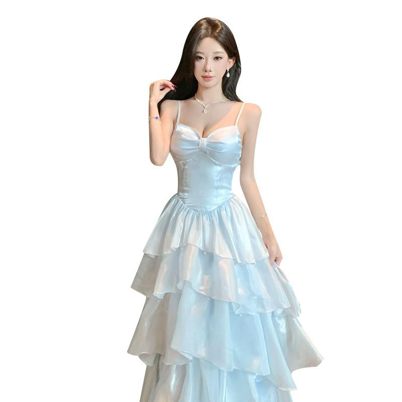 French Light Luxury Beautiful Blue Suspender Dress Femininity Waist Ruffle Edge Evening Dress Long Dress Princess Skirt