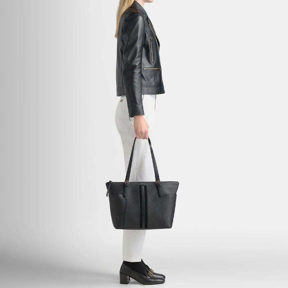 Bally Zipper Closure Striped Decorative Design Embossed Cowhide Tote Handbag Large Women tote Black Light-Gold 6306270