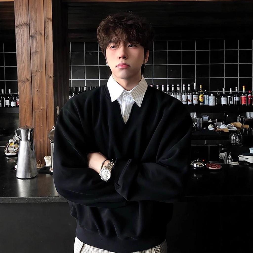 Premium Academia-Style Men's Long-Sleeve Hoodie Shirt - Faux Two-Piece Polo Collar for Autumn/Winter