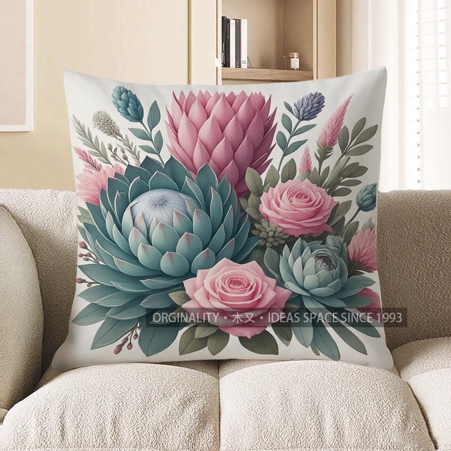 Home Decor Floral Art: Pink & Green Botanical Pillow Cover Pattern Cushion Cover Suitable for Sofa Bedroom Car Pillow Cover